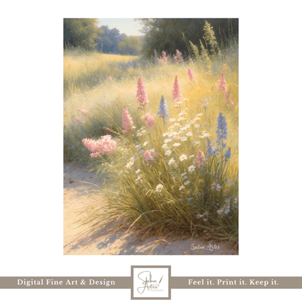 Blütenpfad im Morgenlicht – Digitales Fine Art Blumenbild mit Wildwiese &amp; Sommerzauber