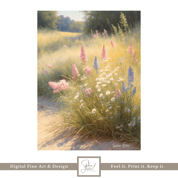 Blütenpfad im Morgenlicht – Digitales Fine Art Blumenbild mit Wildwiese &amp; Sommerzauber