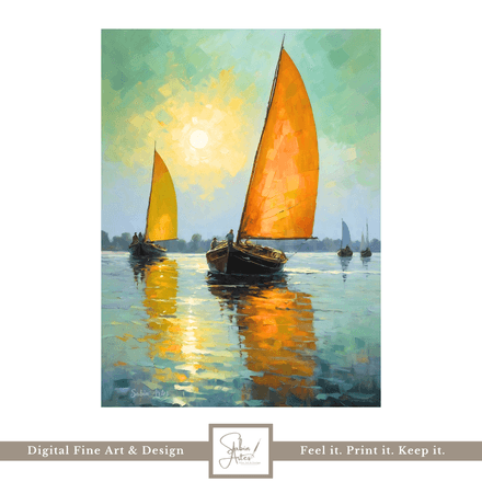 Sonnenboote – Digitales Segelboot-Wandbild mit orangen Segeln | Maritimes Kunstwerk zum Ausdrucken