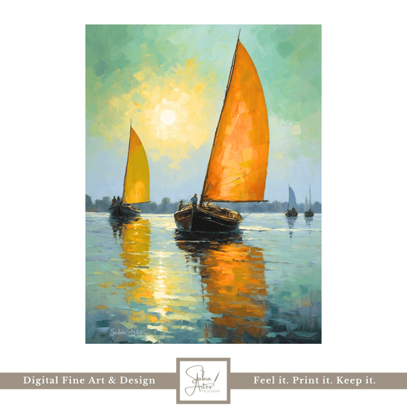 Sonnenboote – Digitales Segelboot-Wandbild mit orangen Segeln | Maritimes Kunstwerk zum Ausdrucken