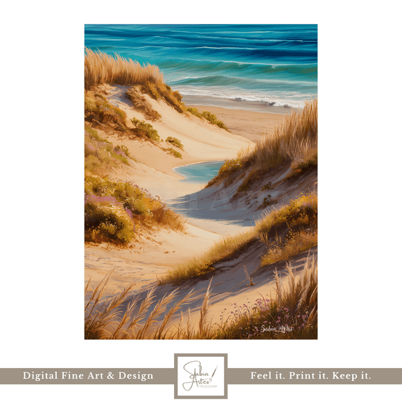 Digitales Dünenbild mit Meerblick – Maritime Wandkunst als Fine Art Print zum Ausdrucken