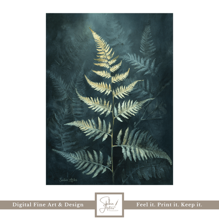 Farnblatt im Licht – Botanisches Digitalgemälde in Dunkelgrün und Goldtönen | Digitaler Kunstdruck 