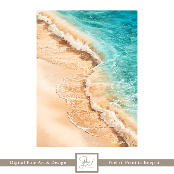 Digitales Strandbild mit türkisblauem Wasser – Küstenkunst zum Ausdrucken | Maritime Fine Art