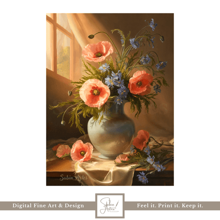 Mohn &amp; Kornblume – Zeitloser Fine Art Stillleben-Kunstdruck mit Sommerblumen im Sonnenlicht
