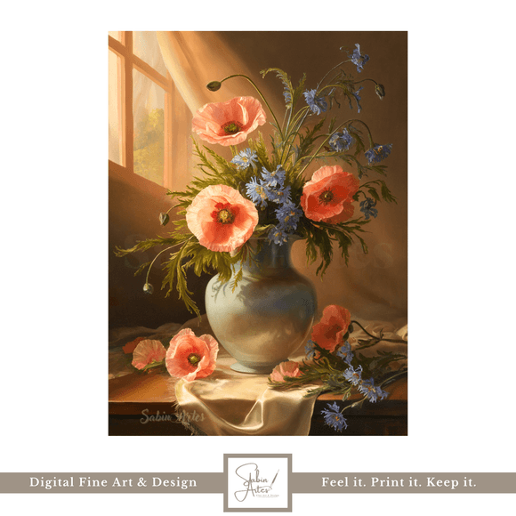Mohn &amp; Kornblume – Zeitloser Fine Art Stillleben-Kunstdruck mit Sommerblumen im Sonnenlicht
