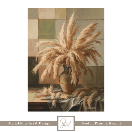 Digitales Pampasgras Stillleben – Boho-inspiriertes Fine Art Poster im natürlichen Vintage-Stil