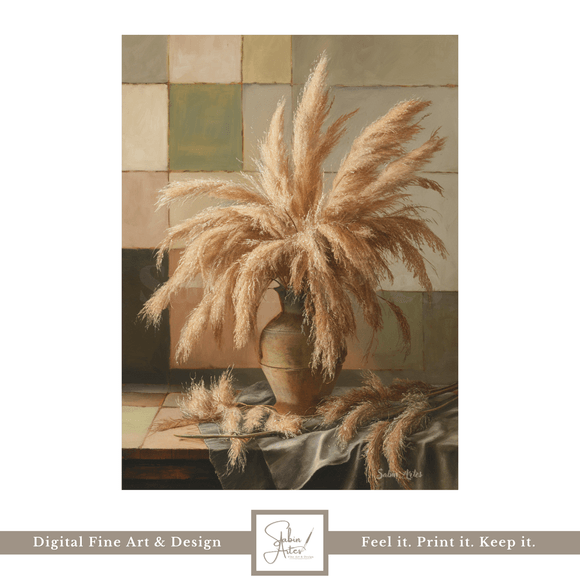 Digitales Pampasgras Stillleben – Boho-inspiriertes Fine Art Poster im natürlichen Vintage-Stil