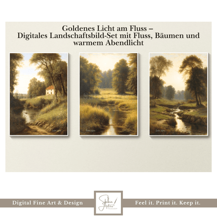 Goldenes Licht am Fluss – Digitales Landschaftsbild-Set mit Fluss, Bäumen und warmem Abendlicht