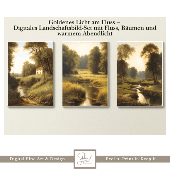 Goldenes Licht am Fluss – Digitales Landschaftsbild-Set mit Fluss, Bäumen und warmem Abendlicht