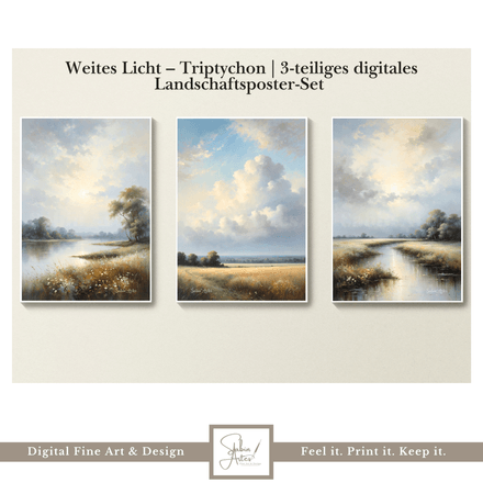 Weites Licht – | 3-teiliges digitales Landschaftsposter-Set mit Himmel, Wiese &amp; Wasserlauf
