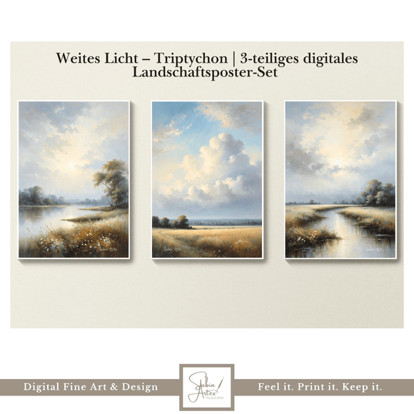 Weites Licht – | 3-teiliges digitales Landschaftsposter-Set mit Himmel, Wiese &amp; Wasserlauf
