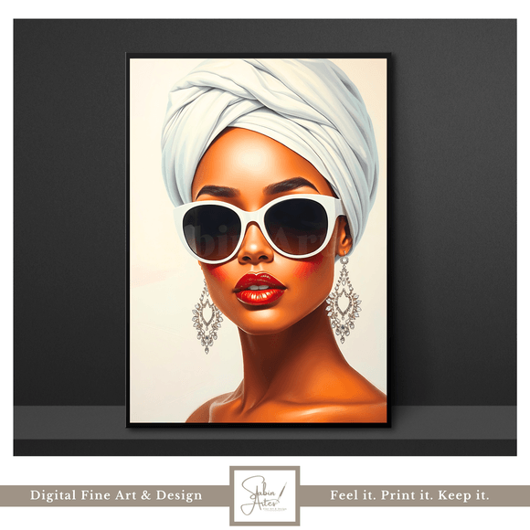 Digitales Porträt einer stilvollen Frau mit Turban &amp; Sonnenbrille – Elegante Fine Art 