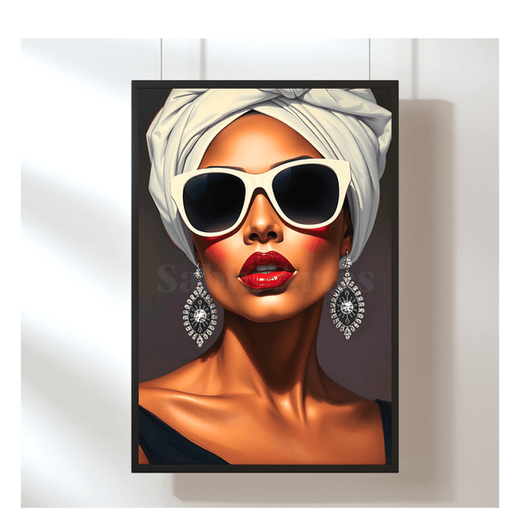 Elegantes digitales Porträt einer Frau mit Turban, Sonnenbrille &amp; Ohrringen – Moderne Fashion-Kunst