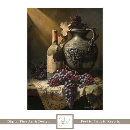 Antikes Stillleben mit Weinflasche, Trauben &amp; Amphore – Digitales Fine Art Poster im Barockstil