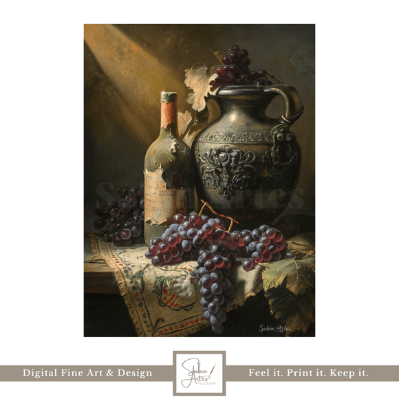 Antikes Stillleben mit Weinflasche, Trauben &amp; Amphore – Digitales Fine Art Poster im Barockstil