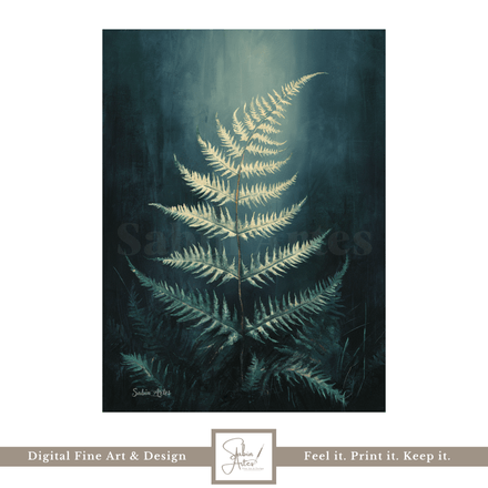 Digitales Farnkunstwerk – Botanisches Wandbild in mystischem Blaugrün