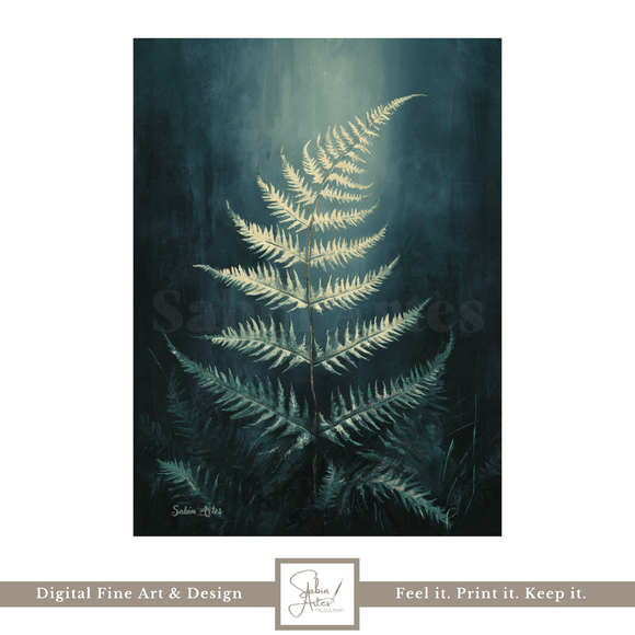 Digitales Farnkunstwerk – Botanisches Wandbild in mystischem Blaugrün