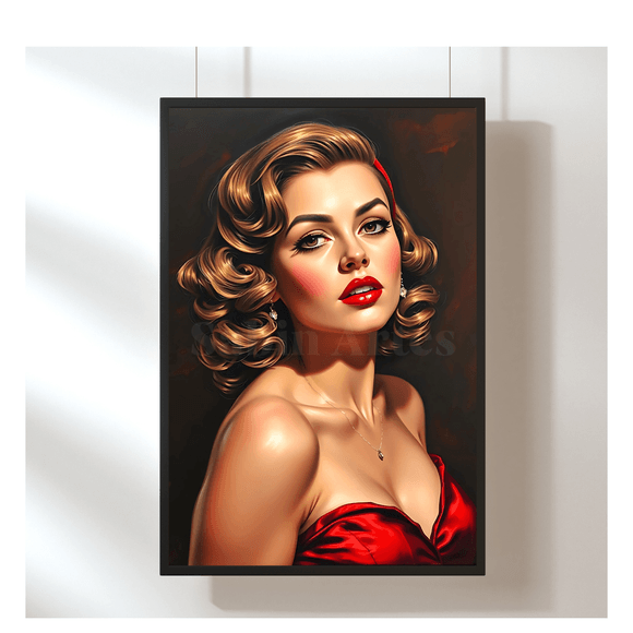 Vintage Glamour Porträt – Elegante Frau im roten Kleid als Digital Art Poster zum Download