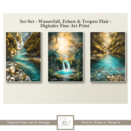 3er-Set Digitaler Fine Art Print – Magische Wasserlandschaften mit Wasserfall, Felsen &amp; Tropen-Flair