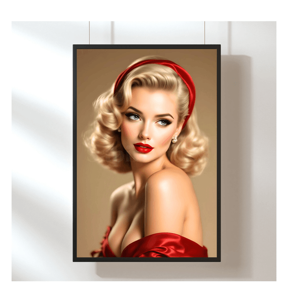 Vintage Glamour Porträt – Blonde Frau mit rotem Satin &amp; Retro-Charme | Digitales Kunstwerk 