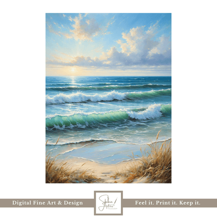 Digitales Küstenbild mit sanften Wellen &amp; Dünen – Meereskunst zum Ausdrucken | Maritimer Fine Art Pr