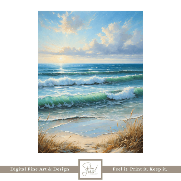 Digitales Küstenbild mit sanften Wellen &amp; Dünen – Meereskunst zum Ausdrucken | Maritimer Fine Art Pr