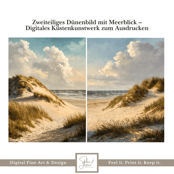 Zweiteiliges Dünenbild mit Meerblick – Digitales Küstenkunstwerk zum Ausdrucken
