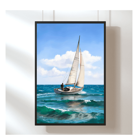 Digitales Segelboot-Bild auf dem Meer – Maritime Wandkunst als Sofort-Download