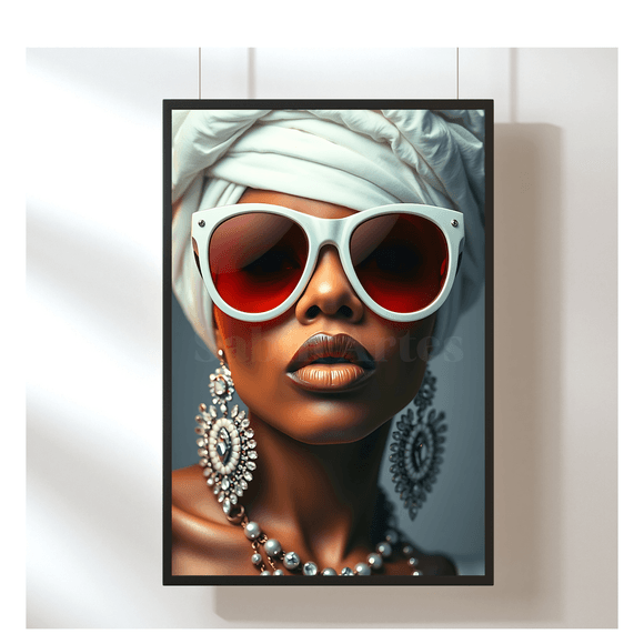 Digitales Porträt einer Frau mit weißem Turban &amp; Statement-Sonnenbrille – Elegante Kunst 