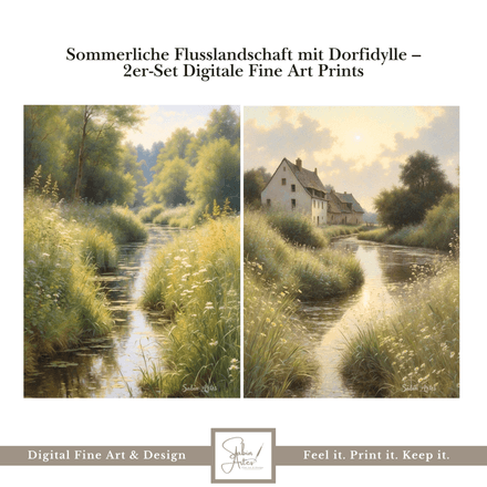 Sommerliche Flusslandschaft mit Dorfidylle – 2er-Set Digitale Fine Art Prints | Ländliche Naturmotiv