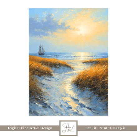 Digitales Küstenbild mit Dünenweg &amp; Segelboot – Maritimer Sonnenuntergang zum Ausdrucken | Fine Art 