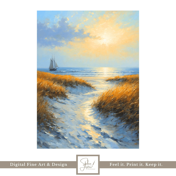 Digitales Küstenbild mit Dünenweg &amp; Segelboot – Maritimer Sonnenuntergang zum Ausdrucken | Fine Art 