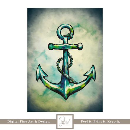 Digitales Poster Grüner Anker Aquarell – Maritime Kunst zum Ausdrucken