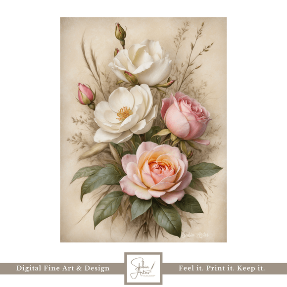 Rosenpoesie – Digitales Vintage-Blumenbild in zarten Pastelltönen