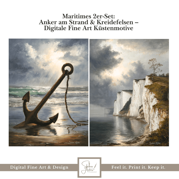 Maritimes 2er-Set: Anker am Strand &amp; Kreidefelsen – Digitale Fine Art Küstenmotive zum Ausdrucken