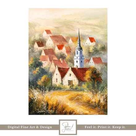 Dorflicht – Digitales Fine Art Gemälde mit Kirche &amp; leuchtenden Dächern