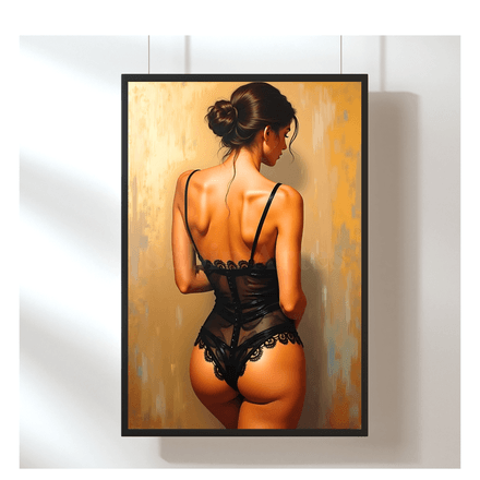 Sinnliche digitale Kunst – Frau im schwarzen Body mit Rückansicht | Erotisches Fine Art Poster zum D