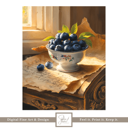 Sommerblaubeeren – Stillleben mit Heidelbeeren im Sonnenlicht | Klassischer Fine Art Druck
