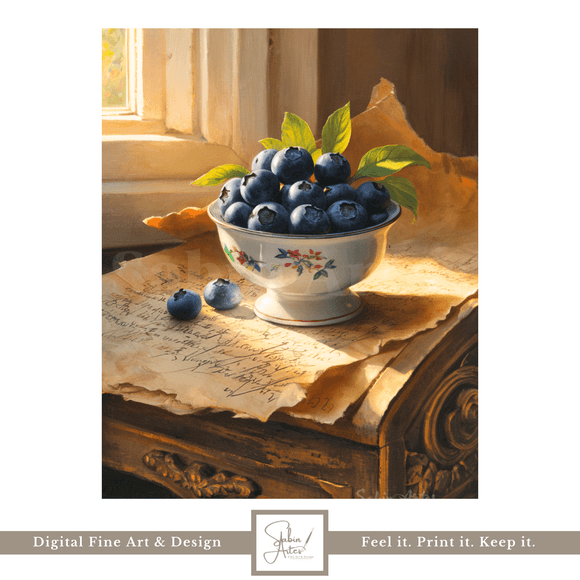 Sommerblaubeeren – Stillleben mit Heidelbeeren im Sonnenlicht | Klassischer Fine Art Druck