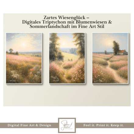 Zartes Wiesenglück – Digitales Triptychon mit Blumenwiesen &amp; Sommerlandschaft im Fine Art Stil