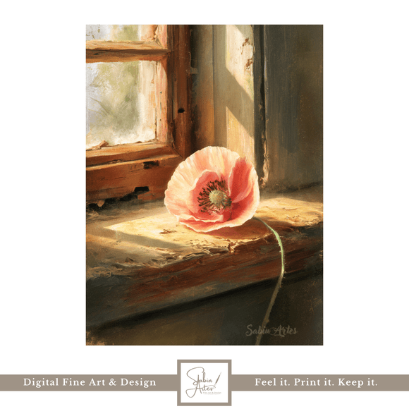 Vergängliche Stille – Fine Art Stillleben -Mohnblume im Sonnenlicht auf verwitterter Fensterbank