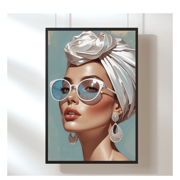 Modernes Frauenporträt mit Turban &amp; blauer Sonnenbrille – Digitales Kunstwerk zum Download
