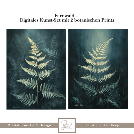 Farnwald – Digitales Kunst-Set mit 2 botanischen Prints in Dunkelgrün &amp; Gold | Waldmotive