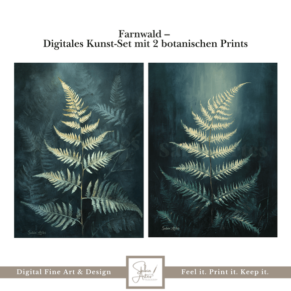 Farnwald – Digitales Kunst-Set mit 2 botanischen Prints in Dunkelgrün &amp; Gold | Waldmotive