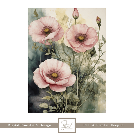 Zarte Mohnpoesie – Digitales Vintage-Blumenposter in Aquarelloptik mit roséfarbenen Mohnblüten