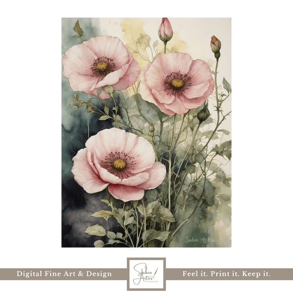 Zarte Mohnpoesie – Digitales Vintage-Blumenposter in Aquarelloptik mit roséfarbenen Mohnblüten
