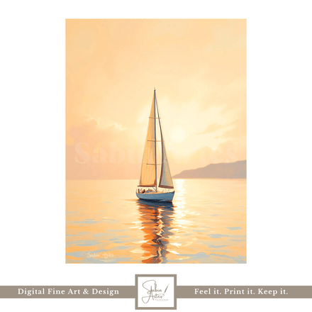 Golden Sailing – Digitales Segelboot-Kunstwerk bei Sonnenuntergang | Maritimes Wandbild zum Download