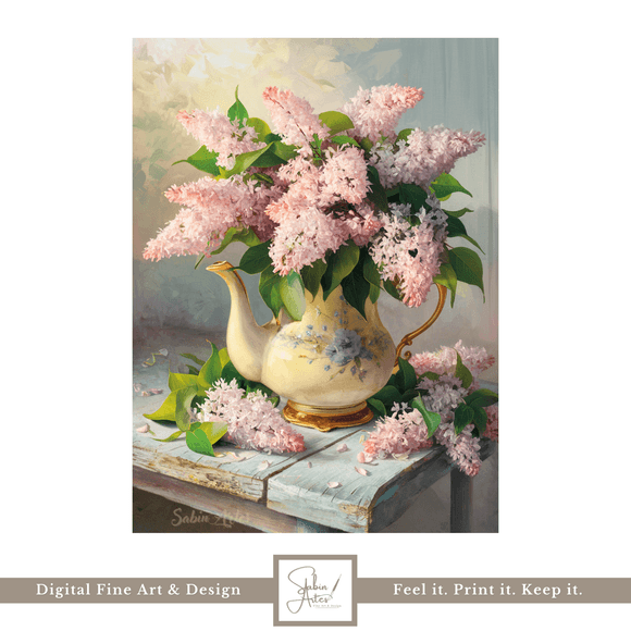 Frühling in der Porzellankanne – Digitaler Fine Art Print mit zartrosa Flieder im Vintage-Stil