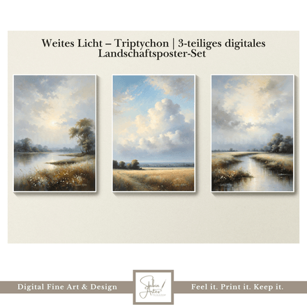 Weites Licht – | 3-teiliges digitales Landschaftsposter-Set mit Himmel, Wiese &amp; Wasserlauf