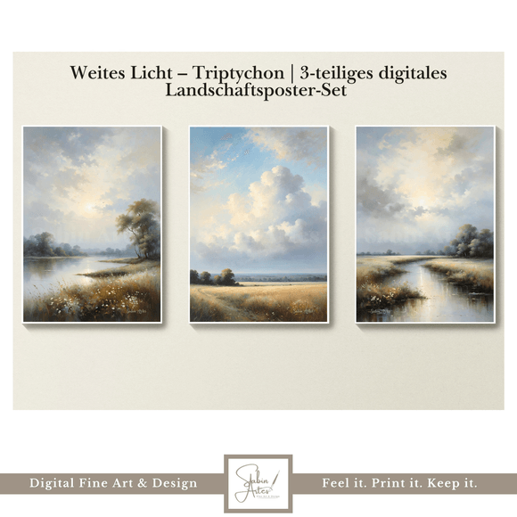 Weites Licht – | 3-teiliges digitales Landschaftsposter-Set mit Himmel, Wiese &amp; Wasserlauf